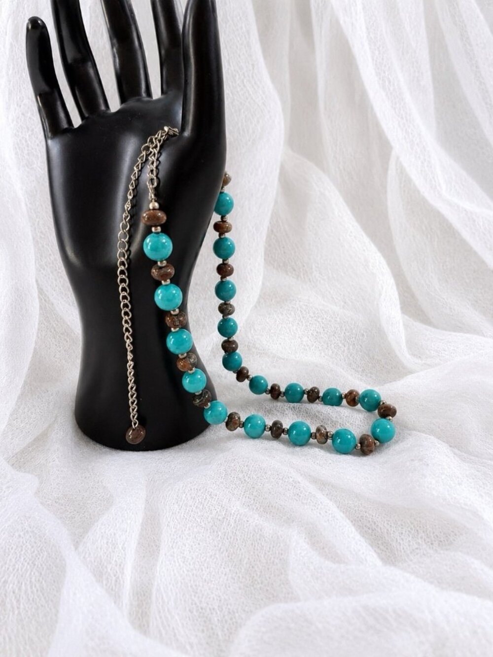 Vintage Amazonite & Brecciated Jasper Beaded Necklace Adjustable 16–22”